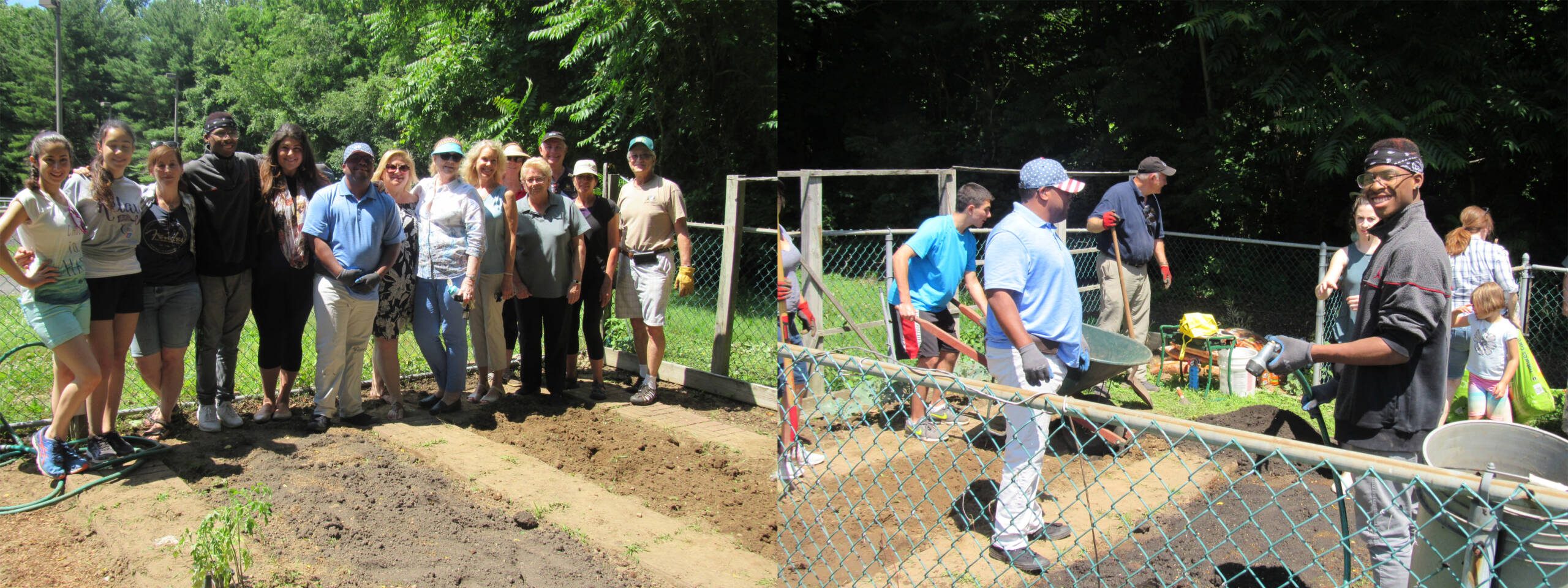 People wearing gardening attire while standing by and tending to a garden