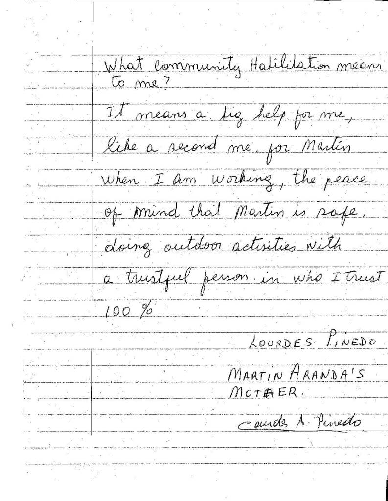 Letter written by Lourdes Pinedo on lined paper