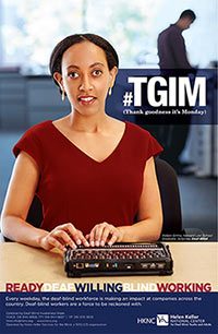 Cover of TGIM Magazine showing a woman using a braille display