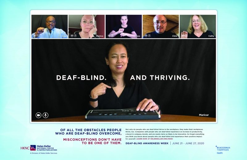 DBAW Poster showing a woman using a braille display on a video call