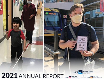 Child holding a white cane in a hallway. Also, a man standing in front of a bus terminal holding a white cane & device in his right hand and a sign in his left hand that says “I am deaf and low vision waiting for blue line.”
