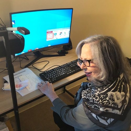 A woman on her computer with her head turned into a camera.