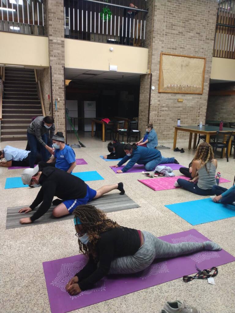 Group stretching in yoga poses.