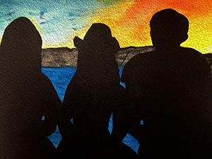 Painting of 3 silhouettes of people in front of a sunset