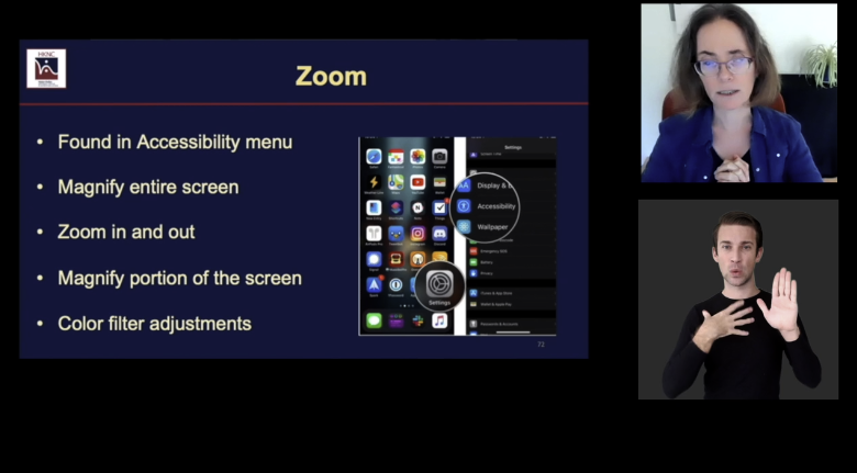A screenshot of a Zoom meeting showing an image of an accessibility menu on an iPhone