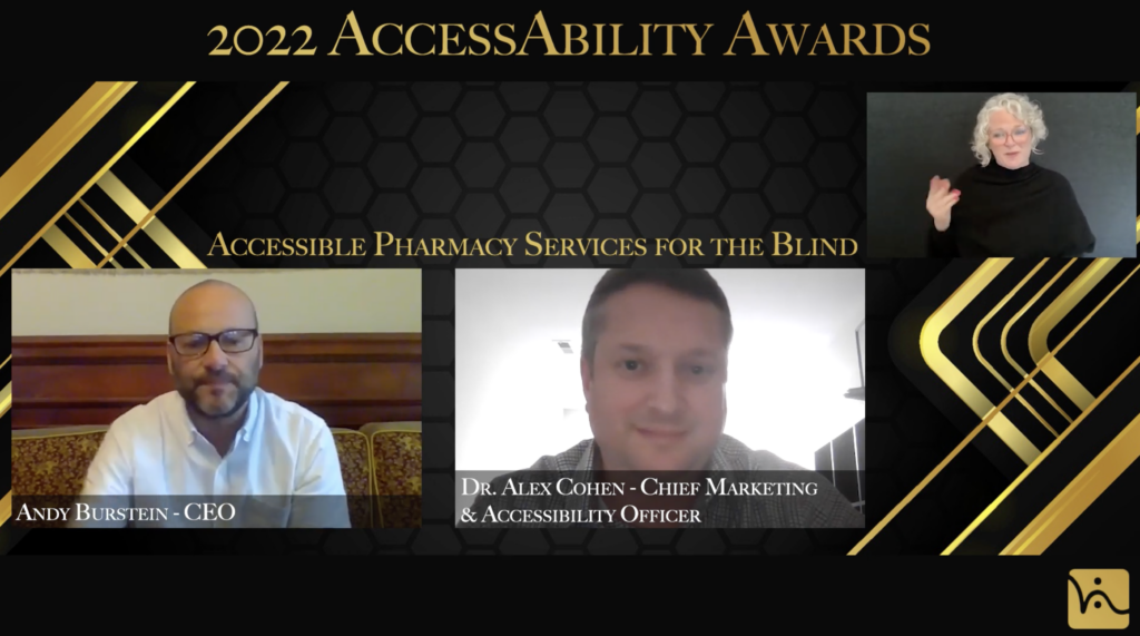 Two men looking at camera and a woman signing. Text on top of image says “2022 AccessAbility Awards”