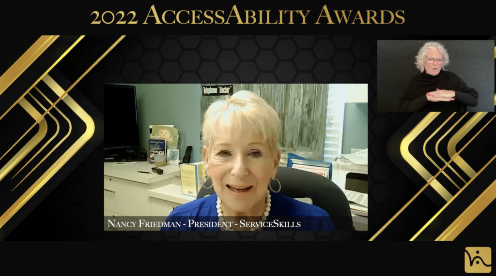 Woman smiling into camera and a woman signing. Text on top of image says “2022 AccessAbility Awards”