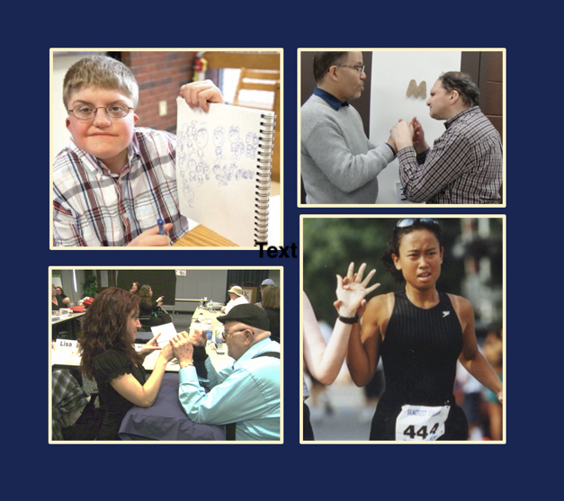 A collage of four images showing a boy holding of a drawing in a sketchbook, two men touching hands and doing tactile sign, a woman and a man touching hands and doing tactile sign, and a woman running outside