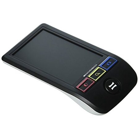 A black portable video magnifier with 4 buttons on it