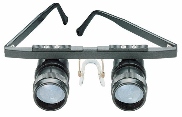 A dark grey pair of telescopic glasses with a binocular system