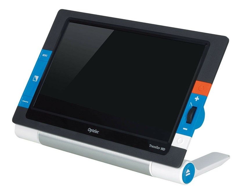 A black portable magnifying reader with blue and orange buttons on each side of the screen