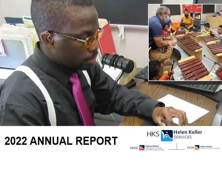 A man sitting at a desk, and children playing xylophones.