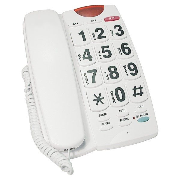 A white telephone system with large buttons on the right side of the system