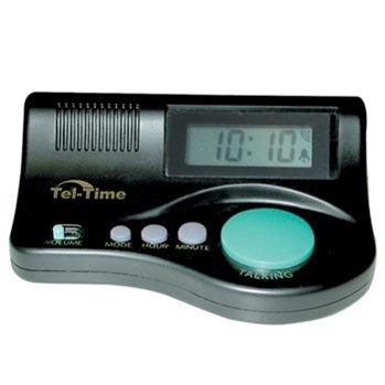 A black clock with a large green button in front of the time screen. The button is labeled with the word Talking in front of it.