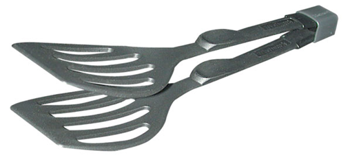 Two dark grey slotted spatulas joined at the base by a silver cube 