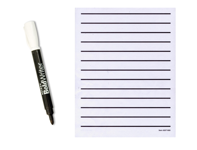 A black pen with a white cap, and a piece of paper with bold horizontal black lines on it