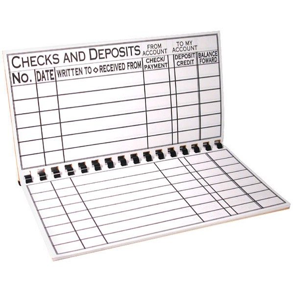 An open checkbook showing large print at the top and empty rows and columns 