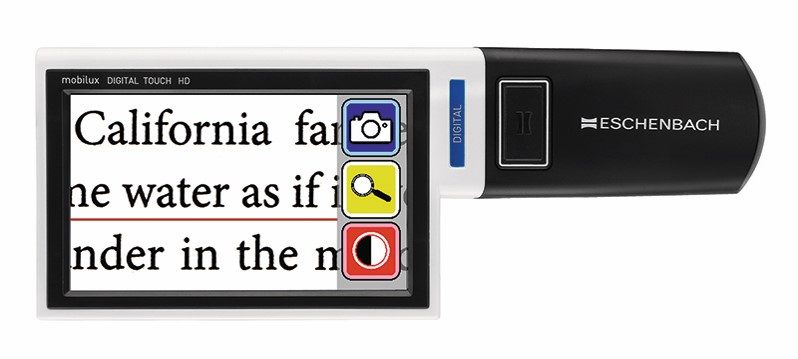 A video magnifier with enlarged words and 3 buttons on the screen