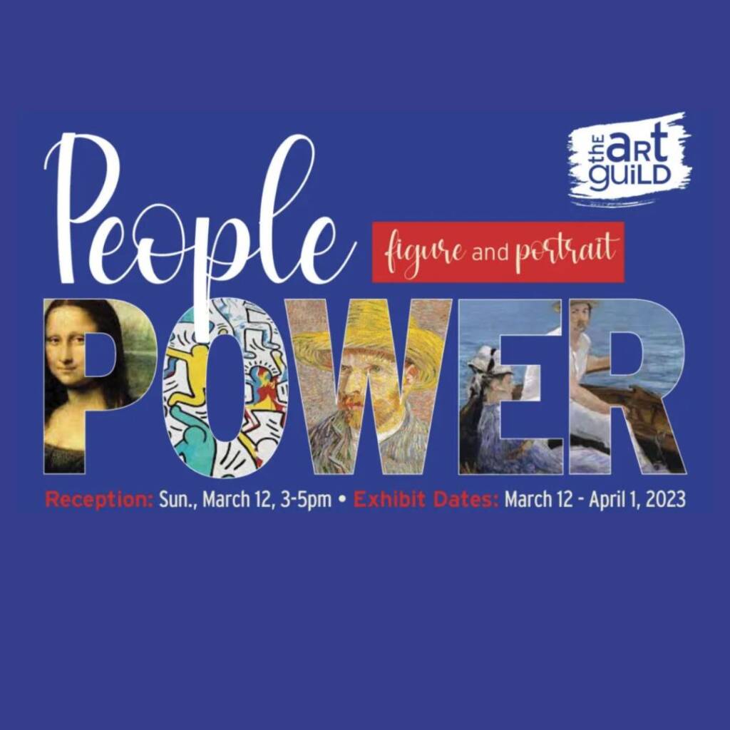 The words "People Power" on a blue background. The word "Power" has thick letters and shows different pieces of art in each letter such as the Mona Lisa painting by Leonardo da Vinci, a colorful art piece by Keith Haring, Self Portrait with a Straw Hat painting by Vincent Van Gogh, and a painting of 2 people on a small boat at sea