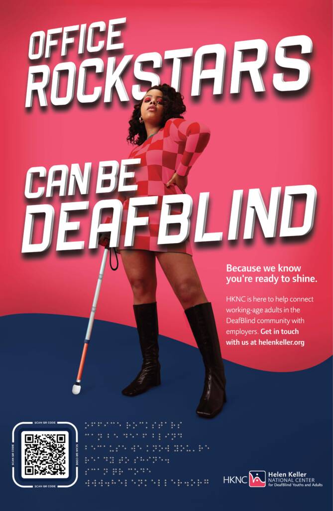 A woman holds a white cane on a DeafBlind Awareness Week poster that says "Office Rockstars Can Be DeafBlind"