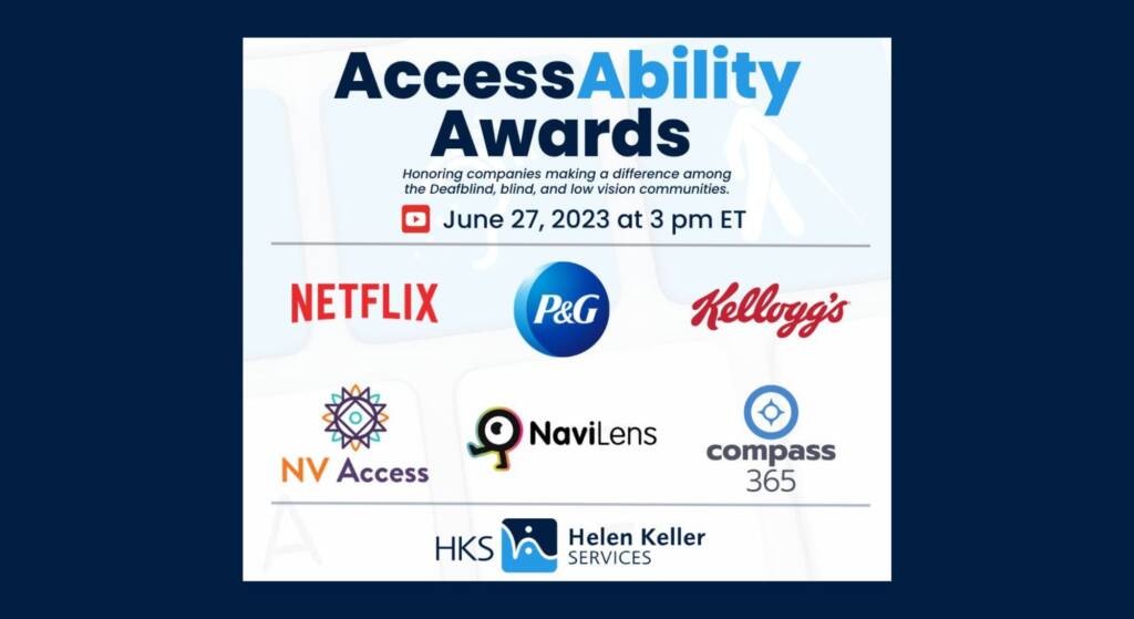 AccessAbility Awards poster showing logos of sponsors: Netflix, P & G, Kellogg's, NV Access, NaviLens, and Compass 365