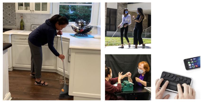 A collage of photos. In them, a DeafBlind woman sweeps a kitchen floor, a woman walks with a white cane next to someone outside, two women touch hands and sign, and a person uses a braille display for their iPhone
