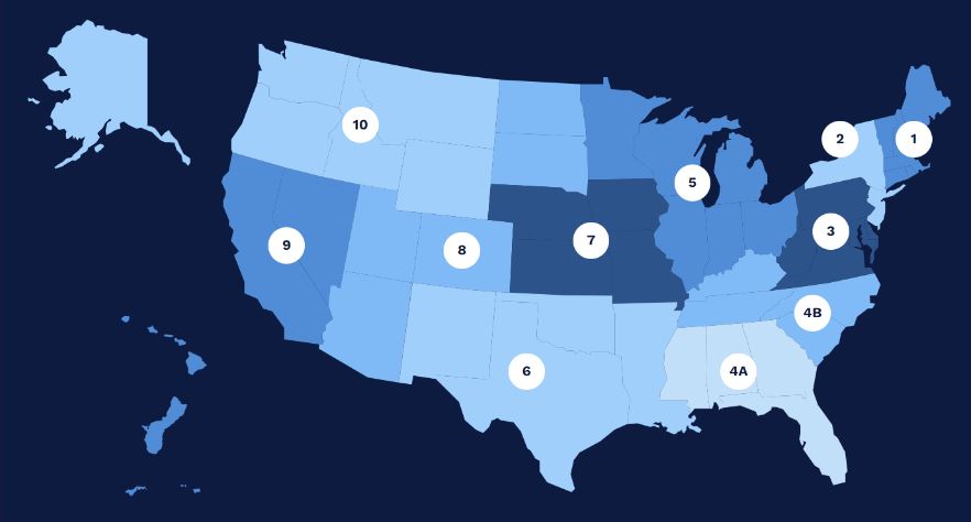 A map of the United States of America color coded with numbers on each of the 11 regions