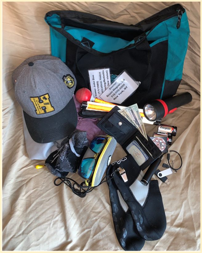 Tote bag that includes items for an emergency bag. Hat, footwear, wallet with cash and social security card, sun glasses, socks, batteries, flashlight, white folding cane with red ball tip, communication cards, shirt, and flash drive.