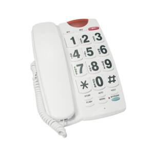 A white telephone system with large buttons on the right side of the system