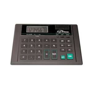 A dark grey desktop calculator with large buttons on it