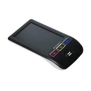A black portable video magnifier with 4 buttons on it