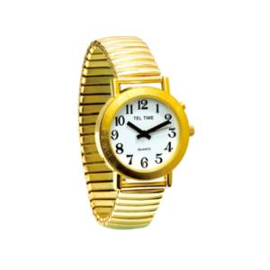 A gold wristwatch. The face of the watch is white with large black numbers on it and thick black hour and minute hands