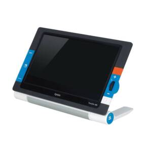 A black portable magnifying reader with blue and orange buttons on each side of the screen