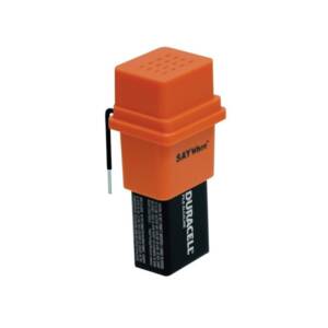 An orange device with the words SAY When on it. A large battery is jutting out of the bottom of the orange device