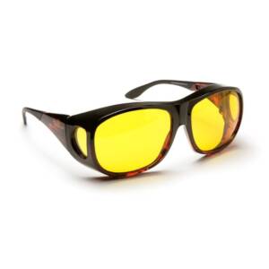 bright yellow tinted glasses with brown frames