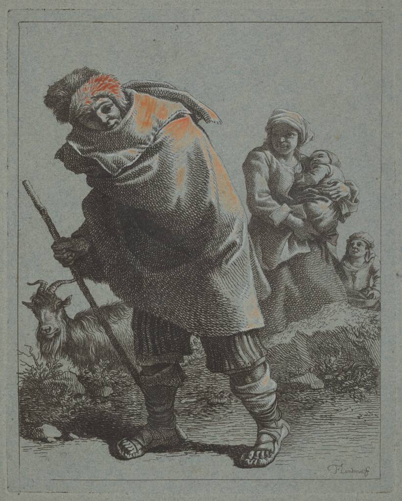 An etching of a man holding a walking stick in front of a goat, a woman, and a baby