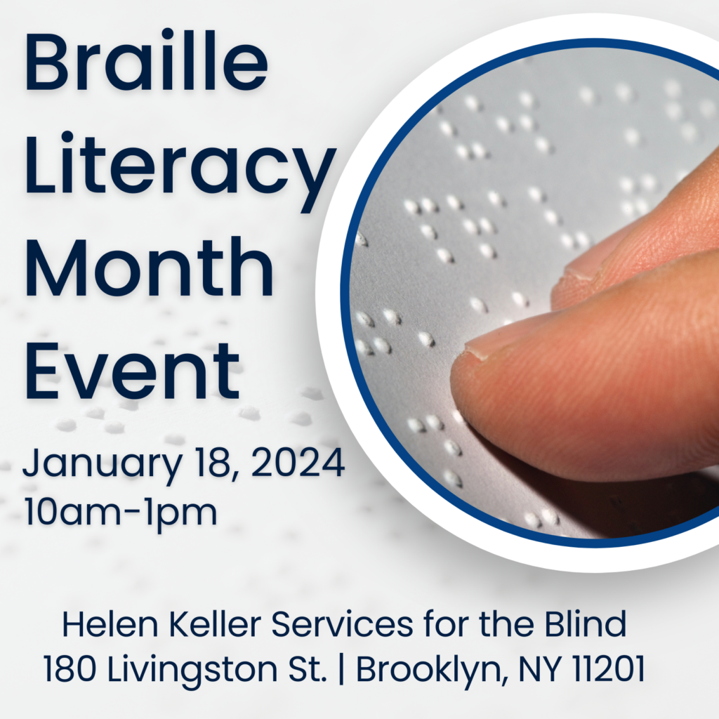 Braille Literacy Month flyer showing a close up of a hand with the pointer and middle finger touching braille cells
