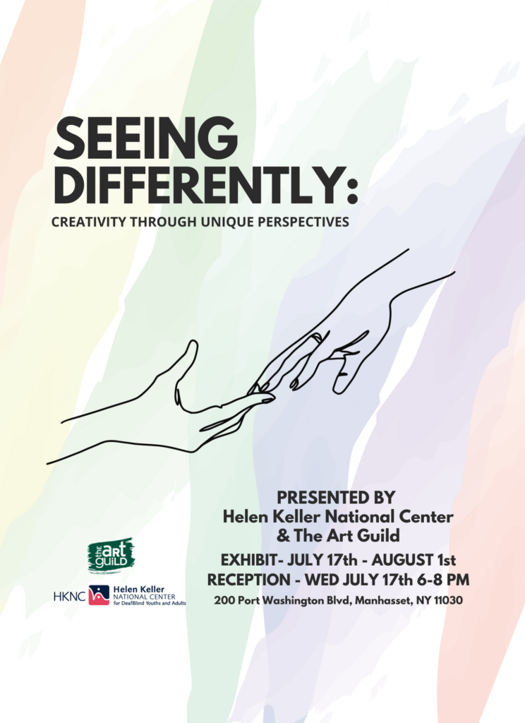 Event poster with exhibition details listed for "Seeing Differently: Creativity Through Unique Perspectives." The background shows muted rainbow brushstrokes and an illustration of two hands touching in the center.