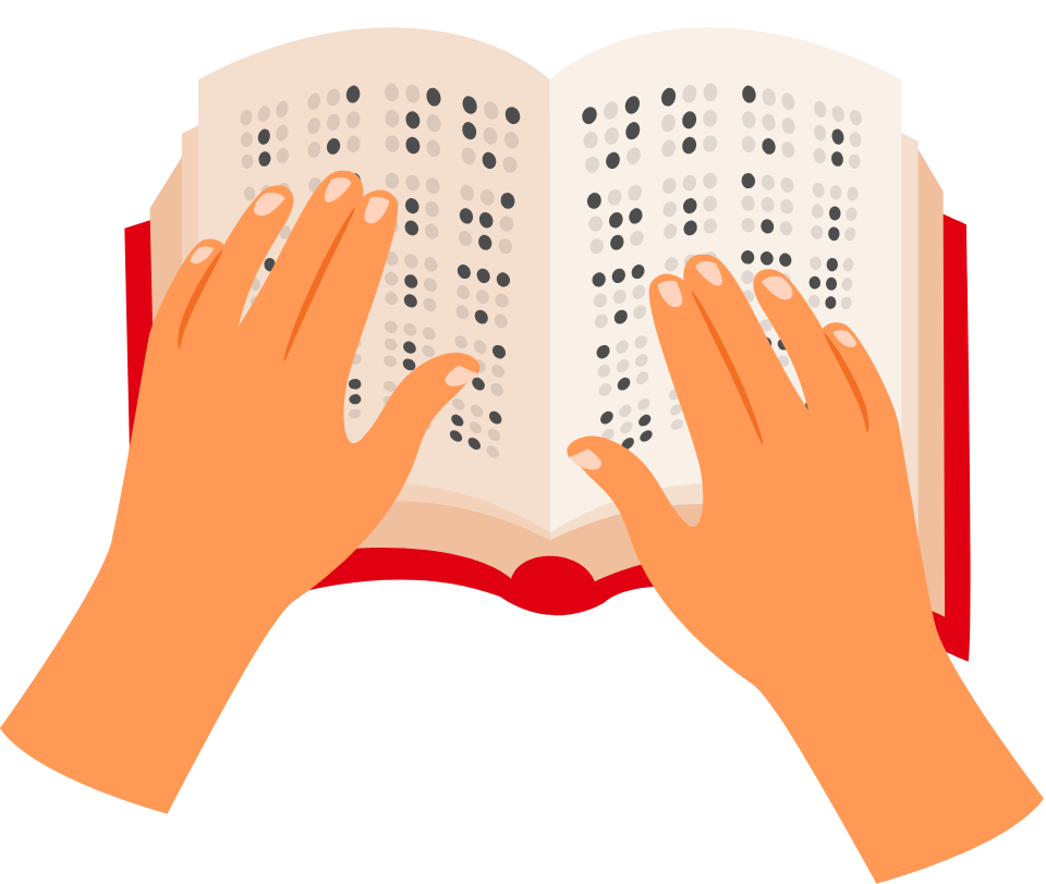 A illustration showing two hands reading braille in a book. 