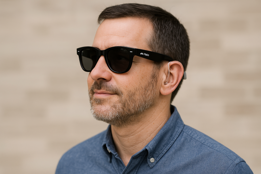 A man wearing sunglasses and a hearing aid.