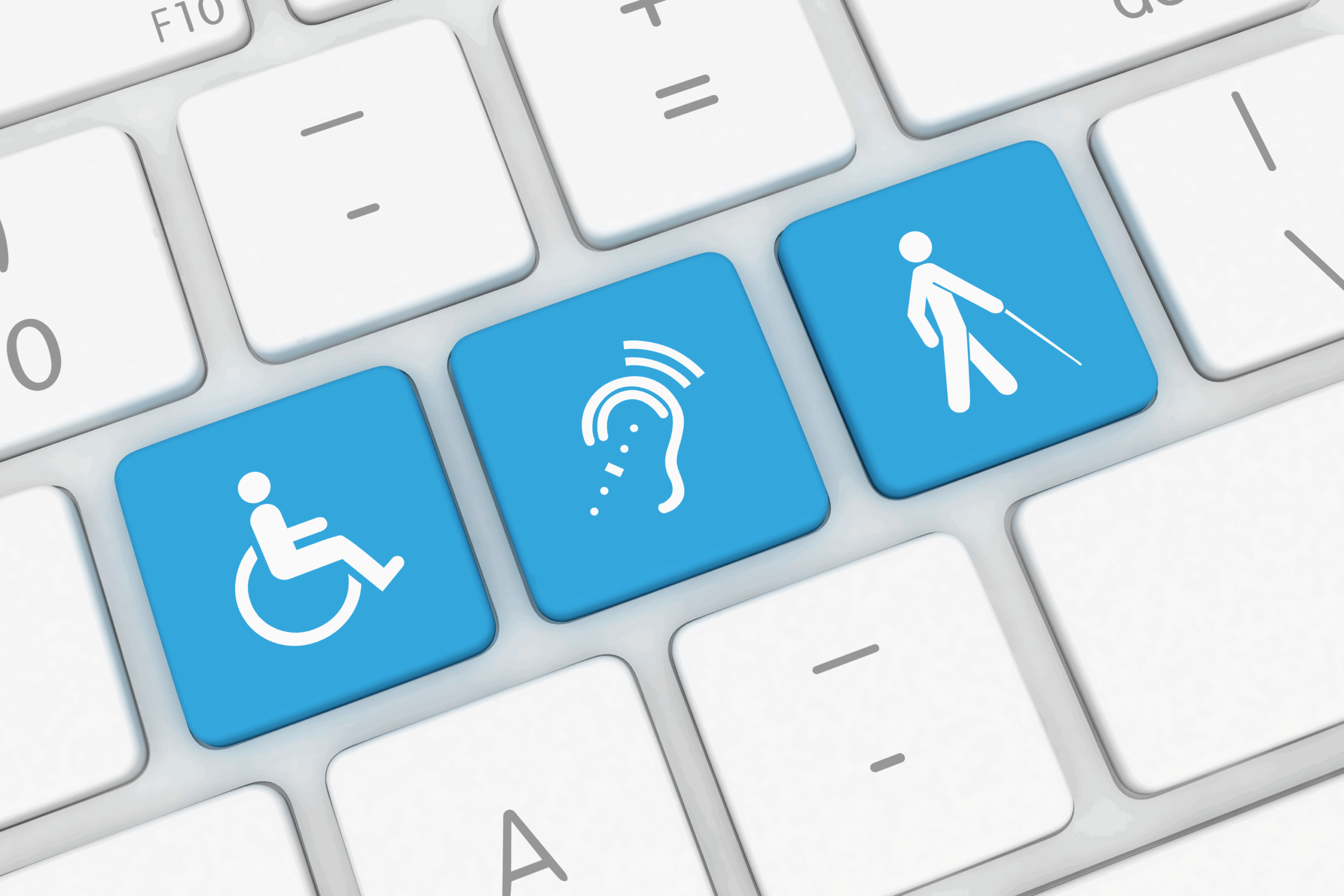 Accessibility graphic showing computer keyboard with keys representing different disabilities.