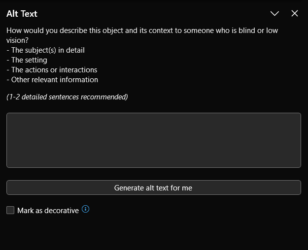 A screenshot of the Microsoft Word alt text window.
