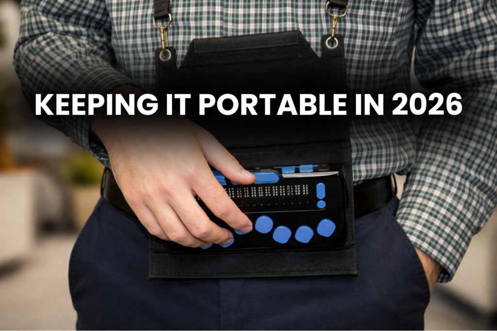 Person in plaid shirt holding refreshable Braille display in black carrying pouch across their body.