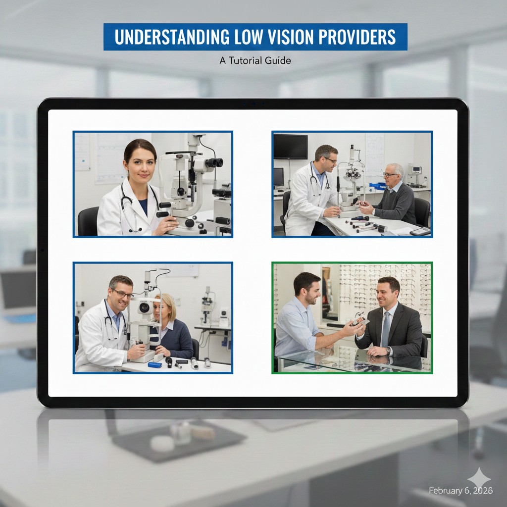 A tablet screen displays a collage of four photos showing eye care professionals working with patients in clinical and optical settings, including vision exams and demonstrations of low vision equipment. Text on the image reads, “Understanding Low Vision Providers: A Tutorial Guide.”
