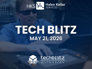 Tech Blitz promotional graphic, showing a man wearing sunglasses and a blue striped shirt using a braille display. 