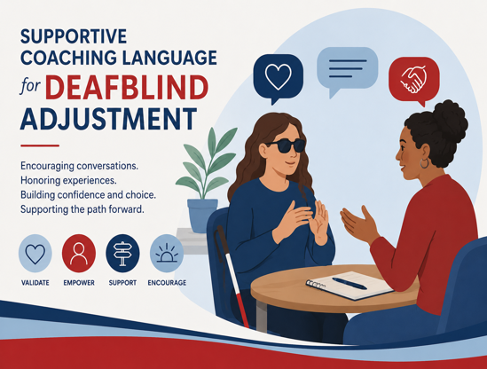 Title reading “Supportive Coaching Language for DeafBlind Adjustment” beside an illustration of two women sitting at a table. The woman on the left wears dark glasses and has a white cane. A blue speech bubble with a heart and a second speech bubble with sentence lines are indicated above her head. The woman across from her has a notebook and is speaking ot the first woman. There is a red speech bubble with hands shaking above the second woman. The design features soft blue and maroon colors with curved background elements and 4 icons labeled "Validate", "Empower", "Support", "Encourage".