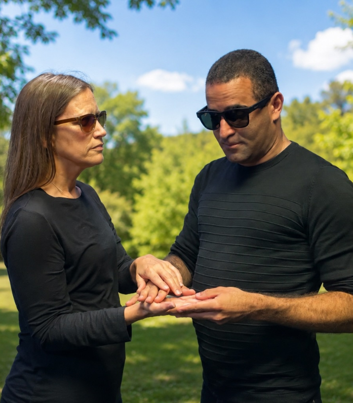Two people stand facing each other outdoors in a sunny park while communicating using Protactile language.
