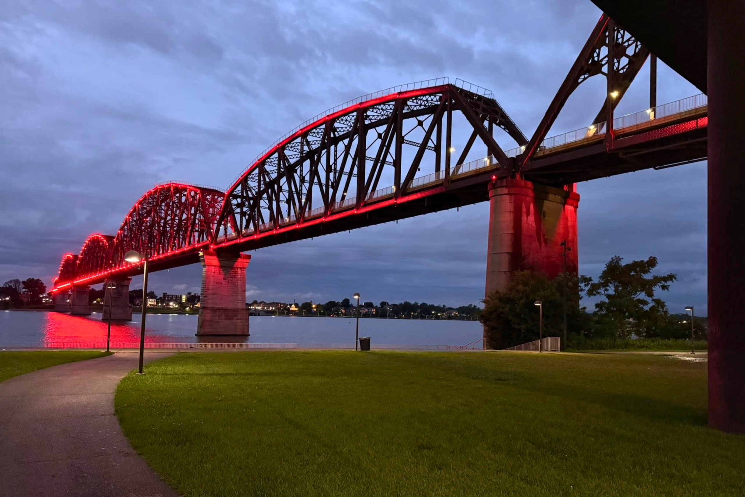 Big Four Bridge, Louisville, KY. June 27, 2026. Lit red for DeafBlind Awareness Week and Helen Keller's birthday
