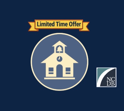 A simple digital drawing of a school. above the image says "Limited Time Offer". The logo for NCDB is on the right side of the drawing.