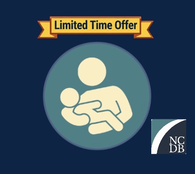 A simple digital drawing of a figure holding a child. A yellow banner above the image says "Limited Time Offer". The logo for NCDB is on the right side of the drawing.